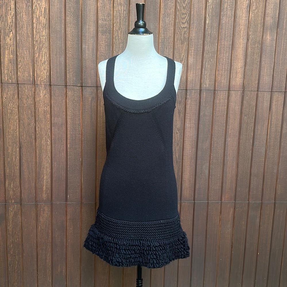 Nanette Lepore black wool sweater dress with fringe hem, size S